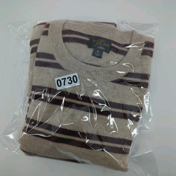 J Crew Cashmere Sweater Men's Medium Striped Brown Tan Crew Neck Pullover - Picture 11 of 11